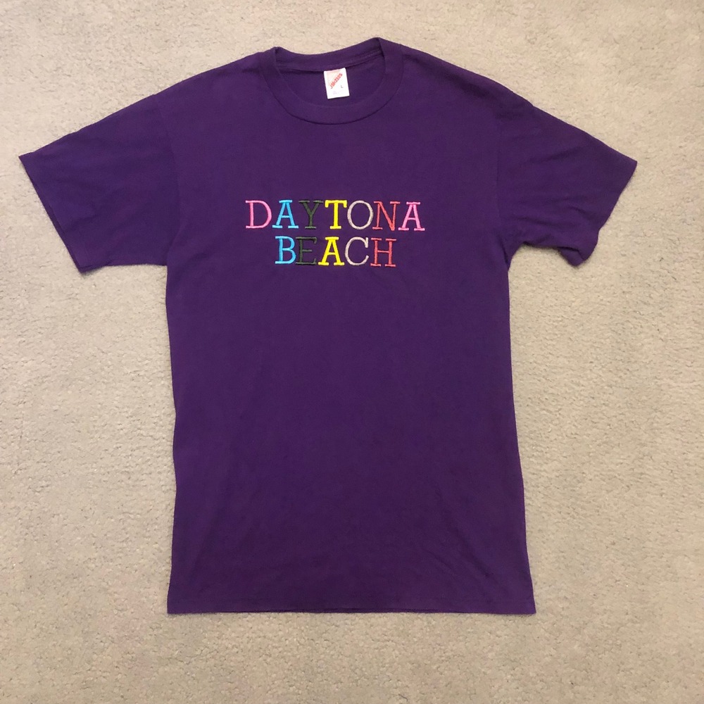 Single Stitch Vtg 90s Daytona Beach T Shirt Purple Embroidered Long Large USA